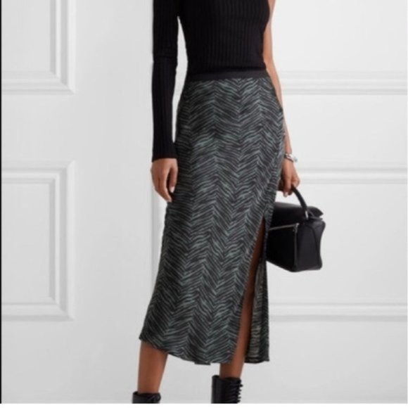Anine Bing Dolly Silk Skirt in Willow Green Zebra